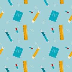 Seamless pattern with school supplies. Stationery. Vector pens and pencils, printable pattern