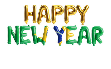 3d illustration of happy new year letter balloons with Brazil flag color isolated on white background