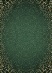 Hand-drawn unique abstract ornament. Light green on a dark warm green background, with vignette in golden glitter on darker background color. Paper texture. Digital artwork, A4. (pattern: p02-2d)
