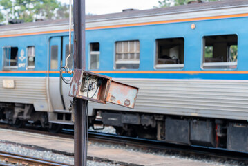 Fototapeta premium The old electric control box on railway track.