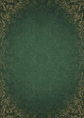 Hand-drawn unique abstract ornament. Light green on a dark warm green background, with vignette in golden glitter on darker background color. Paper texture. Digital artwork, A4. (pattern: p06d)