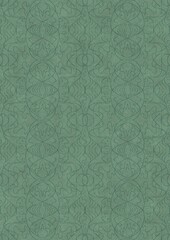 Hand-drawn unique abstract symmetrical seamless ornament. Dark semi transparent green on a light cold green background color. Paper texture. A4. (pattern: p02-1e)