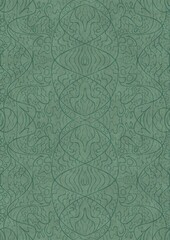 Hand-drawn unique abstract symmetrical seamless ornament. Dark semi transparent green on a light cold green background color. Paper texture. A4. (pattern: p02-2d)