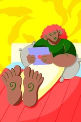 Curly-haired woman intently looks at a tablet while holding it in her hands on a bed