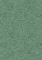 Hand-drawn unique abstract symmetrical seamless ornament. Dark semi transparent green on a light cold green background color. Paper texture. A4. (pattern: p07-1d)
