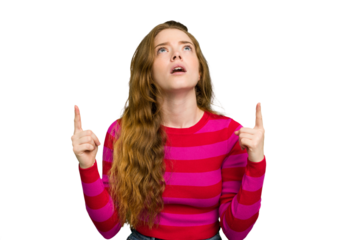 Young caucasian redhead woman isolated pointing upside with opened mouth.
