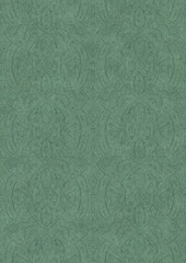 Hand-drawn unique abstract symmetrical seamless ornament. Dark semi transparent green on a light cold green background color. Paper texture. A4. (pattern: p08-2e)