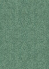 Hand-drawn unique abstract symmetrical seamless ornament. Dark semi transparent green on a light cold green background color. Paper texture. A4. (pattern: p09d)