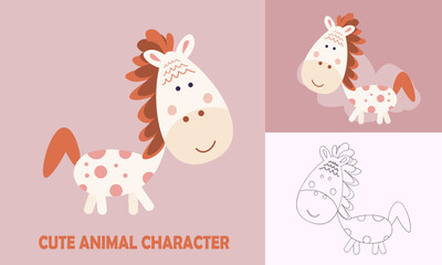 Coloring cute animals for kids with horse outline