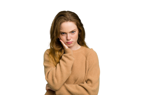 Young caucasian redhead woman isolated who is bored, fatigued and need a relax day.