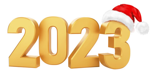 Golden Numbers 2023 with Christmas hat. Happy New Year 2023.
