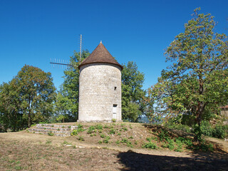 Royal Bastide of Domme. Roy's windmill (Moulin du Roy' at the end of the Public Garden above the old ramparts of Domme Vieille above the Dordogne Valley and the village of Cenac