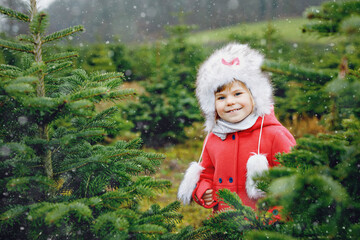Adorable little toddler girl with Christmas tree on fir tree cutting plantation . Happy child in...