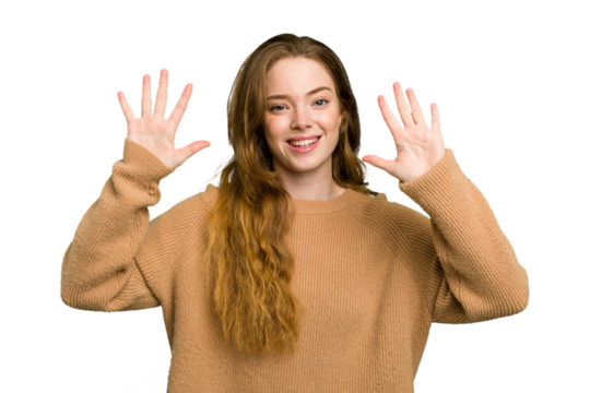 Young caucasian redhead woman isolated showing number ten with hands.
