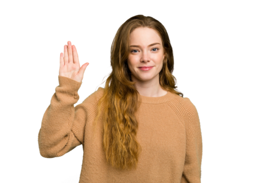 Young caucasian redhead woman isolated smiling cheerful showing number five with fingers.