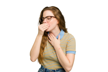 Young caucasian redhead woman isolated suffers pain in throat due a virus or infection.