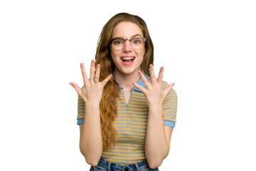 Young caucasian redhead woman isolated showing number ten with hands.