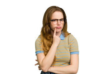 Young caucasian redhead woman isolated unhappy looking in camera with sarcastic expression.