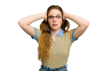 Young caucasian redhead woman isolated covering ears with hands trying not to hear too loud sound.