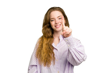 Young caucasian redhead woman isolated showing number one with finger.