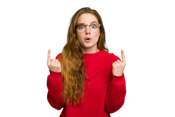 Young caucasian redhead woman isolated pointing upside with opened mouth.