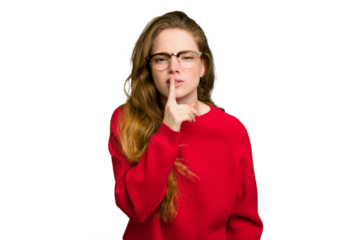 Young caucasian redhead woman isolated keeping a secret or asking for silence.