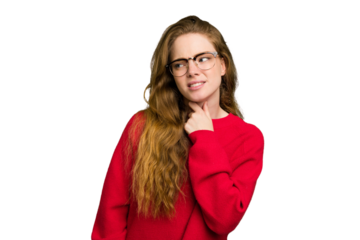 Young caucasian redhead woman isolated suffers pain in throat due a virus or infection.