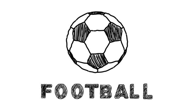 Animation about football with a soccer ball in black pencil stroke on a white background, cartoon, art.
