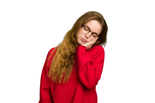 Young caucasian redhead woman isolated who is bored, fatigued and need a relax day.