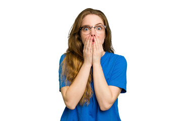 Young caucasian redhead woman isolated shocked, covering mouth with hands, anxious to discover something new.