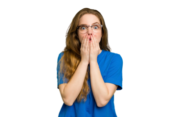 Young caucasian redhead woman isolated shocked, covering mouth with hands, anxious to discover something new.