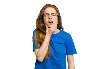 Young caucasian redhead woman isolated having a strong teeth pain, molar ache.