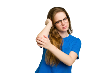 Young caucasian redhead woman isolated having a neck pain due to stress, massaging and touching it with hand.