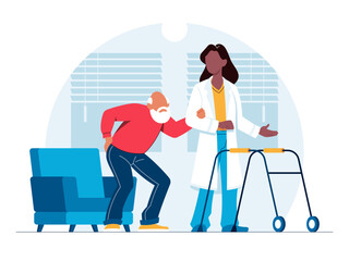 Old man walking with nurse in hospice