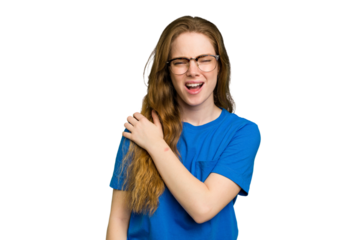 Young caucasian redhead woman isolated having a shoulder pain.