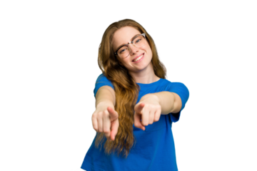 Young caucasian redhead woman isolated pointing to front with fingers.