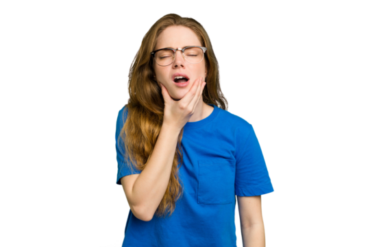 Young caucasian redhead woman isolated having a strong teeth pain, molar ache.