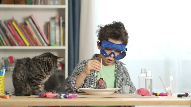 boys cientist doing experiments. Education concept. Preschooler interests. Smart little child doing chemical research at home laboratory. Dangerous experiment. Home activities for children.