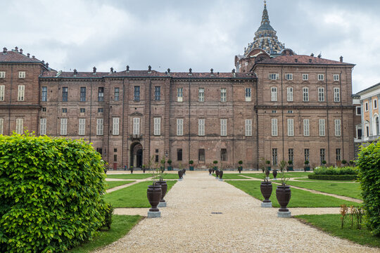 Wide angle view of the beautiful gardens of the Royal Palace of  Turin