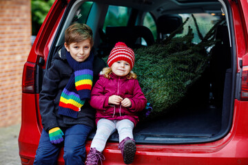 Adorable little toddler girl and school kid boy with Christmas tree inside of family car. Happy healthy children in winter fashion clothes buying big Xmas tree for traditional celebration.
