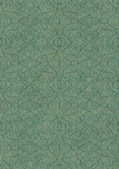Hand-drawn unique abstract seamless ornament. Dark green on light cold green background, with splatters of golden glitter. Paper texture. Digital artwork, A4. (pattern: p02-1e)