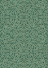 Hand-drawn unique abstract seamless ornament. Dark green on light cold green background, with splatters of golden glitter. Paper texture. Digital artwork, A4. (pattern: p02-2d)