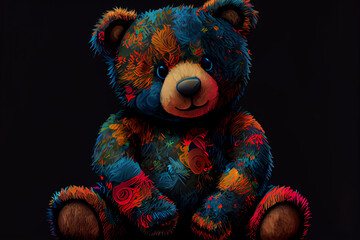 Colorful Illustration of a teddy bear against a black background