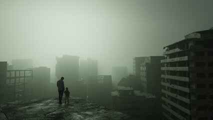 Father and daughter holding hands standing in front of war torn destroyed city in fog