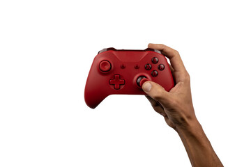 Hand holding a gamepad controller on transparent background