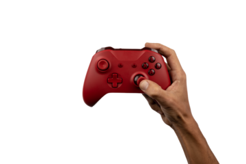 Hand holding a gamepad controller on transparent background
