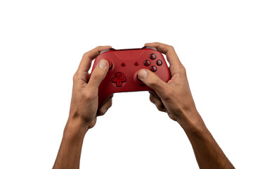 Hands playing with a gamepad controller on transparent background