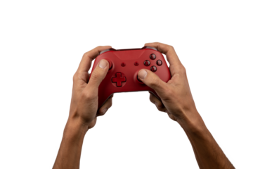 Hands playing with a gamepad controller on transparent background