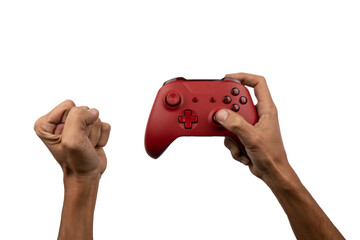 Hands playing with a game controller on transparent background celebrating a win