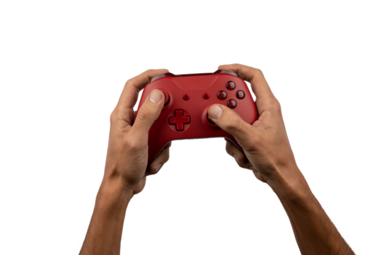 Hands playing with a gamepad controller on transparent background
